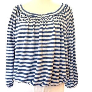 Linen Blend Wide Scoop Neck Bubble Top in White & Blue - Size Medium NWT